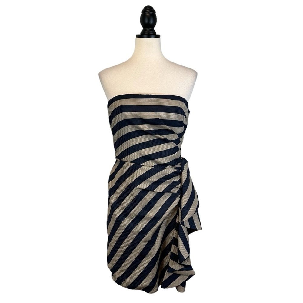 BCBGMaxAzria Reya Strapless Dress Ruffle Draped Blue Stripe Size 8 B34#65